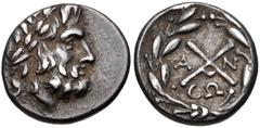 ACHAIA, Achaian League. Antigoneia (Mantinea). Circa 188-180 BC. AR Triobol – Hemidrachm (14mm, 2.45 g, 12h). Laureate head of Zeus right / Achaian League monogram; above, forepart of goat right; A-N 