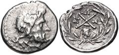 ACHAIA, Achaian League. Dyme. Circa 160-146 BC. AR Triobol – Hemidrachm (15mm, 2.45 g, 3h). Laureate head of Zeus right / Achaian League monogram; ΔY above, E-N across field; below, helmeted head of A