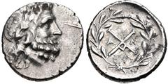 ACHAIA, Achaian League. Elis. Circa 175-168 BC. AR Triobol – Hemidrachm (15.5mm, 2.36 g, 10h). Laureate head of Zeus right / Achaian League monogram; A-N across field, FA below; all within wreath. Ben