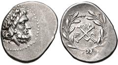 ACHAIA, Achaian League. Elis. Circa 175-168 BC. AR Triobol – Hemidrachm (15.5mm, 2.46 g, 7h). Laureate head of Zeus right / Achaian League monogram; ΛY above, F-A across field; all within wreath. Benn