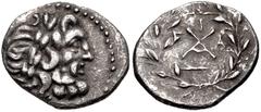 ACHAIA, Achaian League. Elis. Circa 160-146 BC. AR Triobol – Hemidrachm (16mm, 2.28 g, 1h). Laureate head of Zeus right / Achaian League monogram; I above, F-A across field, thunderbolt below; all wit
