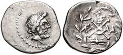 ACHAIA, Achaian League. Elis. Circa 86-50 BC. AR Triobol – Hemidrachm (16.5mm, 2.38 g, 12h). Laureate head of Zeus right / Achaian League monogram; monogram above, FA-ΛA across field, thunderbolt belo