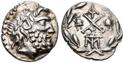 ACHAIA, Achaian League. Lakedaimon (Sparta). Circa 85 BC. AR Triobol – Hemidrachm (14mm, 2.40 g, 7h). Laureate head of Zeus right / Achaian League monogram; monogram above, piloi of the Dioskouroi fla
