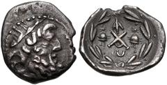 ACHAIA, Achaian League. Lakedaimon (Sparta). Circa 85 BC. AR Hemidrachm (13.5mm, 2.17 g, 10h). Laureate head of Zeus right / Achaian League monogram; monogram above, piloi of the Dioskouroi flanking, 