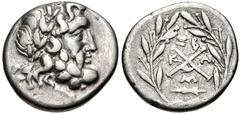 ACHAIA, Achaian League. Megalopolis. Circa 160-146 BC. AR Triobol – Hemidrachm (14.5mm, 2.37 g, 8h). Laureate head of Zeus right / Achaian League monogram; ΞB above, K-A across field, M below; all wit