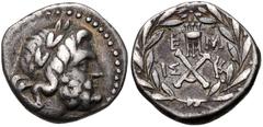 ACHAIA, Achaian League. Messene. Circa 160-146 BC. AR Triobol – Hemidrachm (14mm, 2.38 g, 12h). Laureate head of Zeus right / Achaian League monogram; monograms flanking tripod above, IΣ to left, mono