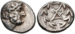 ACHAIA, Achaian League. Patrai. Circa 195-188 BC. AR Triobol – Hemidrachm (14mm, 2.41 g, 5h). Laureate head of Zeus right / Achaian League monogram; monograms to left, trident below; all within wreath