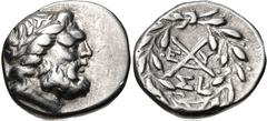 ACHAIA, Achaian League. Sikyon. Circa 195-188 BC. AR Triobol – Hemidrachm (14mm, 2.42 g, 8h). Laureate head of Zeus right / Achaian League monogram; E-Y across field. ΣI below; all within wreath. Benn