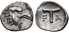 ELIS, Olympia. 95th Olympiad. 400 BC. AR Tetartemorion (7mm, 0.18 g, 12h). Head of eagle right / Large T (mark of value); F A flanking. Seltman, Temple, pl. VIII, 18 var. (no ethnic); BCD Olympia 87 v