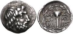 MESSENIA, Messene. Circa 35 BC. AR Triobol – Hemidrachm (16mm, 2.42 g, 9h). Polykles, magistrate. Diademed head of Zeus right / Tripod; ΠO-ΛY/KΛ-HΣ in two lines across field; all within laurel wreath.