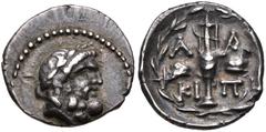 LAKONIA, Lakedaimon (Sparta). Circa 90-60/50 BC. AR Hemidrachm (15mm, 2.33 g, 4h). Laureate head of Herakles right / Amphora between pileoi of the Dioskouroi; Λ-A across upper field, KI-Π across lower