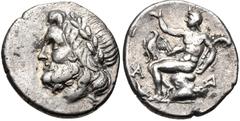 ARKADIA, Arkadian League. Circa 175-168 BC. AR Triobol – Hemidrachm (14.5mm, 2.39 g, 8h). Megalopolis mint. Laureate head of Zeus left / Pan seated left on rock, raising right hand, holding lagobolon 