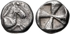 ARKADIA, Kleitor. Circa 460-450 BC. AR Obol (8mm, 0.87 g). Forepart of bridled horse right / Quadripartite incuse square divided diagonally. BCD Peloponnesos 1414; HGC 5, 869. VF, toned, porous. From 