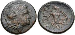 ARKADIA, Tegea. Late 3rd-early 2nd centuries BC. Æ Trichalkon (17mm, 4.97 g, 8h). Helmeted head of Athena Alea right / Kepheos advancing right, holding dagger and shield; monogram between legs. BCD Pe