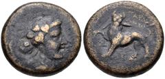 LYDIA, Sardes. Circa 133 BC-AD 14. Æ (16.5mm, 5.57 g, 1h). Wreathed head of Dionysos right / Horned panther standing left, head facing, holding spear it breaks in jaws; Ω(?) to left, monogram below. J
