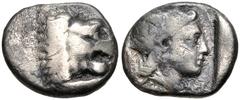 CARIA, Knidos. Circa 404-395 BC. AR Hemidrachm (12mm, 1.70 g, 6h). Forepart of lion right / Head of Aphrodite right; K-NI to left and below chin; all within incuse square. Unpublished, but for the con