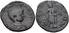 MESSENIA, Thuria. Geta. As Caesar, AD 198-209. Æ Assarion (22mm, 4.36 g, 4h). Struck circa AD 198-205. Bareheaded, draped, and cuirassed bust right / Aesculapius standing facing, head left, holding se