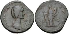 Didia Clara. Augusta, AD 193. Æ Sestertius (31.5mm, 22.05 g, 6h). Rome mint. Struck under Didius Julianus. Draped bust right / Hilaritas standing left, holding long palm frond set on ground and cornuc