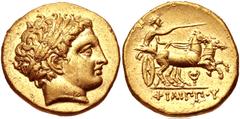 KINGS of MACEDON. temp. Philip III – Kassander. Circa 323/2-315 BC. AV Stater (19mm, 8.59 g, 2h). In the name and types of Philip II. Pella mint. Laureate head of Apollo right / Charioteer, holding ke