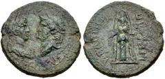 LYDIA, Hypaepa. Nero, with Statilia Messalina. AD 54-68. Æ (25mm, 11.04 g, 12h). Struck circa AD 66-68. Draped bust of Messalina right, facing laureate head of Nero left / VΠAIΠHИ, HΓEΣIΠΠ[OΣ?], facin