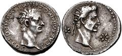 Gaius (Caligula). AD 37-41. AR Denarius (19mm, 3.71 g, 12h). Lugdunum (Lyon) mint. 1st emission, AD 37. Bare head of Caligula right / Radiate head of Divus Augustus right, flanked by two stars. RIC I 