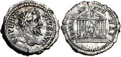 Septimius Severus. AD 193-211. AR Denarius (20mm, 2.36 g, 6h). Rome mint. Struck AD 206. Laureate head right / ROMAE AE TER NAE, Roma seated facing in the center of a hexastyle temple with a statue at