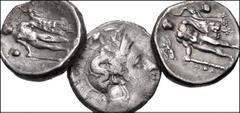 GREEK. Magna Graecia & Sicily. Lot of three (3) AR Nomoi. Includes: LUCANIA, Herakleia. AR Nomos (2 coins) // LUCANIA, Thourioi. AR Nomos. Fine to VF, all rough with some deposits. LOT SOLD AS IS, NO 