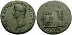 GAIUS (CALIGULA). 37-41 AD. Æ Sestertius (35mm, 25.81 gm). Struck 37-38 AD. Laureate head left / Gaius standing left on daïs with camp chair behind, addressing five soldiers standing right, holding pa