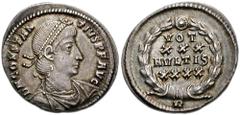 CONSTANTIUS II. 337-361 AD. AR Siliqua (19mm, 3.18 gm). Rome mint. Struck 355-357 AD. Pearl-diademed, draped, and cuirassed bust right / VOTIS/XXX/MVLTIS/XXXX in four lines within wreath; R. RIC VIII 