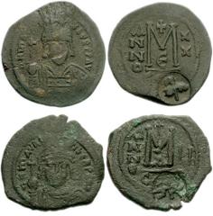 HERACLIUS. 610-641 AD. Lot of two Æ Folles of Maurice Tiberius, with countermark attributed to Theodore, brother of Heraclius, circa 634-636 AD. Æ Follis (30mm, 10.82 gm, 7h). Constantinople mint. Dat