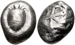 Greek ISLANDS off ATTICA, Aegina. Circa 525/0-480 BC. AR Stater (15mm, 12.03 g, 11h). Sea turtle, head in profile, with trefoil collar / Small [incuse square] with skew pattern. Meadows, Aegina, Group