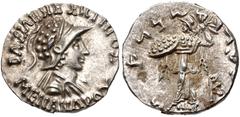 Oriental Greek BAKTRIA, Indo-Greek Kingdom. Menander I Soter. Circa 155-130 BC. AR Drachm (17mm, 2.49 g, 11h). Diademed, draped, and cuirassed bust right, wearing crested helmet covered with pelt of s