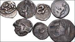Large Lots GREEK. Magna Graecia & Sicily. Lot of seven (7) silver fractions. Includes: CAMPANIA, Allifae. AR Litra (2 coins) // BRUTTIUM, Terina. AR Triobol (3 coins) // SICILY, Akragas. AR Hemidrachm