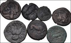 Large Lots GREEK. Magna Graecia & Sicily. Lot of seven (7) bronzes. Includes: APULIA: Arpi (3 coins) // Asculum (2 coins) // Teate (2 coins). Fine to Near VF, mostly with patinas, some roughness. LOT 