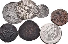 Large Lots ISLAMIC. Miscellaneous. Lot of seven (7) AR and Æ denominations. Includes: Mostly silver issues of the Ilkhanids (one 6 dirhams, 2 dirhams, and one half dirham). Lot also includes three Uma