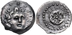 Greek ISLANDS off CARIA, Rhodos. Rhodes. Early 1st century AD. AR Drachm (20mm, 3.57 g). Mikion, magistrate. Radiate head of Helios facing slightly right / Rose seen from above; winged kerykeion and M