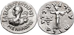 Oriental Greek BAKTRIA, Indo-Greek Kingdom. Menander I Soter. Circa 155-130 BC. AR Drachm (18mm, 2.45 g, 12h). Diademed heroic bust left, seen from behind, wearing aegis and brandishing spear / Athena