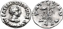 Oriental Greek BAKTRIA, Indo-Greek Kingdom. Menander I Soter. Circa 155-130 BC. AR Drachm (18mm, 2.37 g, 12h). Diademed and draped bust right / Athena Alkidemos standing left; monogram to right. Bopea