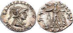 Oriental Greek BAKTRIA, Indo-Greek Kingdom. Menander I Soter. Circa 155-130 BC. AR Drachm (18mm, 2.46 g, 12h). Diademed, draped, and cuirassed bust right, wearing crested helmet covered with pelt of s