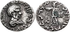 Oriental Greek BAKTRIA, Indo-Greek Kingdom. Zoilos II Soter. Circa 65-55 BC. AR Drachm (18mm, 2.13 g, 12h). Diademed and draped bust right / Athena Alkidemos advancing left; monograms to left and righ