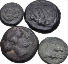 Large Lots GREEK. Magna Graecia & Sicily. Lot of four (4) bronze coins of Segesta. Includes: SICILY, Segesta: CNS 47 // CNS 48 // CNS 62 // CNS 63. Fine or better, mostly with patinas, a couple are ra
