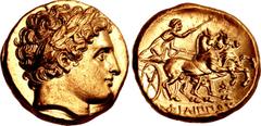 Greek KINGS of MACEDON. Philip III Arrhidaios. 323-317 BC. AV Stater (18.5mm, 8.55 g, 8h). In the types of Philip II. Magnesia on the Maeander mint. Laureate head of Apollo right / Charioteer driving 
