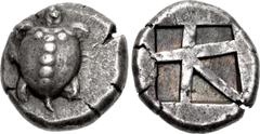 Greek ISLANDS off ATTICA, Aegina. Circa 480-457 BC. AR Stater (20.5mm, 12.13 g, 6h). Sea turtle, head in profile, with 'T-back' design on shell / Large square incuse with skew pattern. Meadows, Aegina