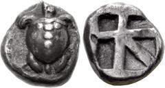 Greek ISLANDS off ATTICA, Aegina. Circa 480-457 BC. AR Obol (8mm, 1.10 g, 1h). Sea turtle, head in profile, with 'T-back' design on shell / Large square incuse with skew pattern. Meadows, Aegina, Grou