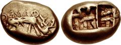 Greek IONIA, Ephesos. Phanes. Circa 625-600 BC. EL Trite – Third Stater (14.5mm, 4.65 g). ΦANEO[S] (in retrograde archaic Greek), stag grazing right, its dappled coat indicated by indentations on the 