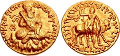 Central Asian INDIA, Kushan Empire. Vima Kadphises. Circa AD 100-127/8. AV Double Dinar (25mm, 15.99 g, 12h). Bilingual series. Main mint in Baktria. BACIΛЄYC OOH MO KAΔΦICHC, diademed and crowned hal