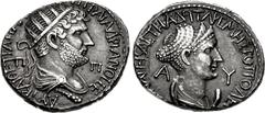 Roman Provincial CILICIA, Tarsus. Hadrian, with Sabina. AD 117-138. AR Tetradrachm (28mm, 13.12 g, 6h). Struck circa AD 131. AYT KAI ΘE TPA ΠA[P YI ΘE NEP Y]I TPAI AΔPIANOC CE, Π-Π, radiate and draped