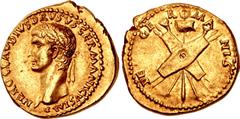Roman Imperial Nero Claudius Drusus. Died 9 BC. AV Aureus (19.5mm, 7.76 g, 1h). Lugdunum (Lyon) mint. Struck under Claudius, AD 41-42. NERO CLAVDIVS DRVSVS GERMANICVS IMP, laureate head left / DE GE R