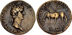 Roman Imperial Nerva. AD 96-98. Æ Sestertius (33mm, 22.31 g, 6h). Rome mint. Struck AD 97. Laureate head right / VEHICVLATIONE ITALIAE REMISSA, two horses grazing; yoke in background. RIC II 93; Banti