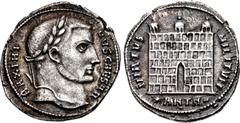 Roman Imperial Maximinus II. As Caesar, AD 305-309. AR Argenteus (19mm, 3.23 g, 11h). Antioch mint, 8th officina. Struck AD 305. MAXIMI NVS CAESAR, laureate head right / VIRTVS MILITVM, camp gate of t